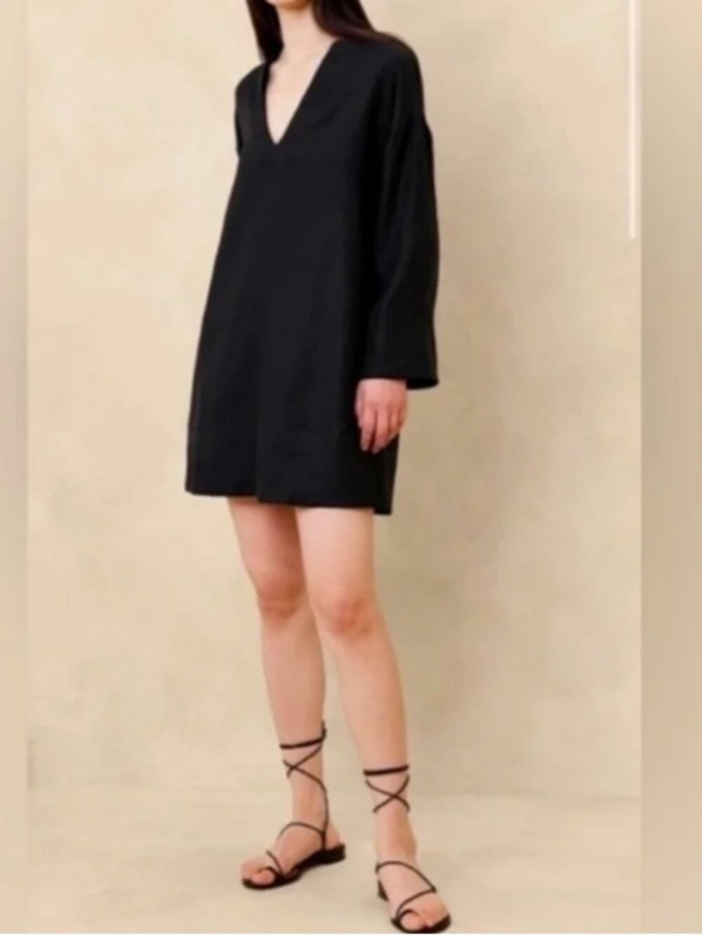 Banana Republic European Linen Kaftan Mini Dress in Black SZ Small
